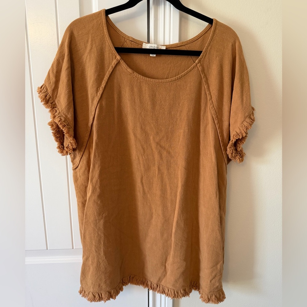 Umgee Brown Short Sleeve Top with Fringe
